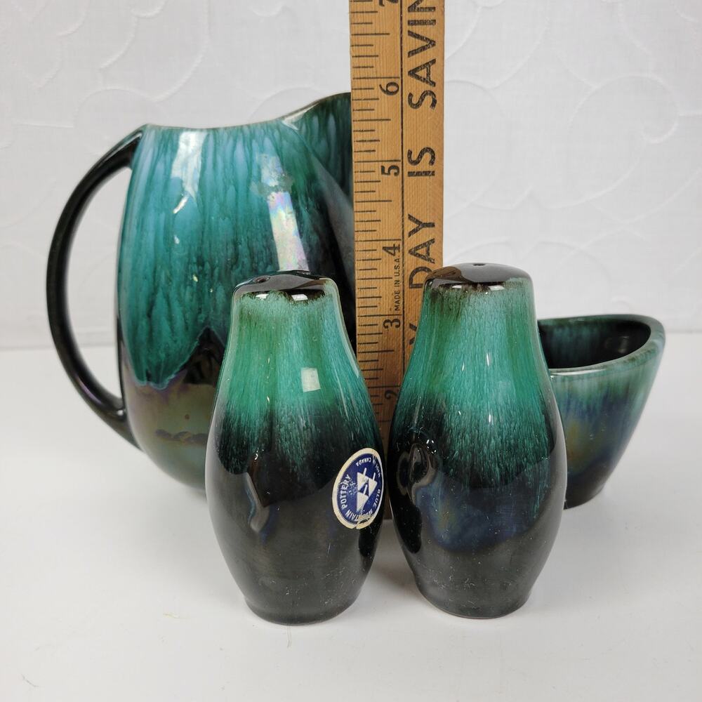 Vintage Blue Mountain Pottery Table Set Green Drip Glaze Ceramic Set of 4 - Picture 2 of 16